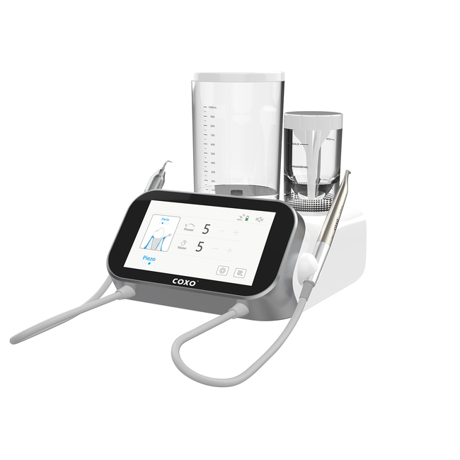 PT MASTER - ультразвуковой скалер с функцией воздушного полирования, со светом, 2 емкости, беспроводная педаль, 9 насадок в комплекте | COXO (Китай)